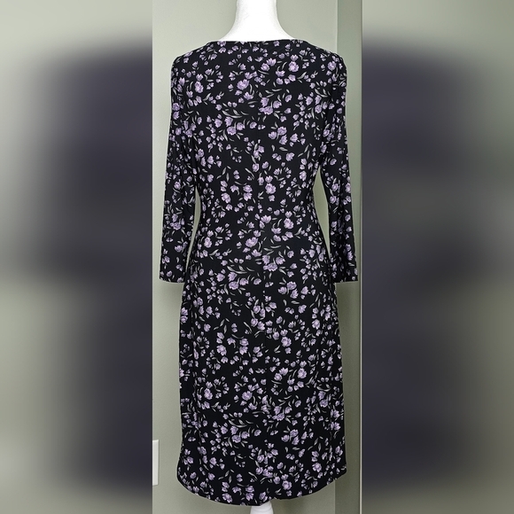 NWOT Chaps Floral Ikat Surplice Dress MEDIUM BLACK with LAVENDER FLORAL - Picture 3 of 6